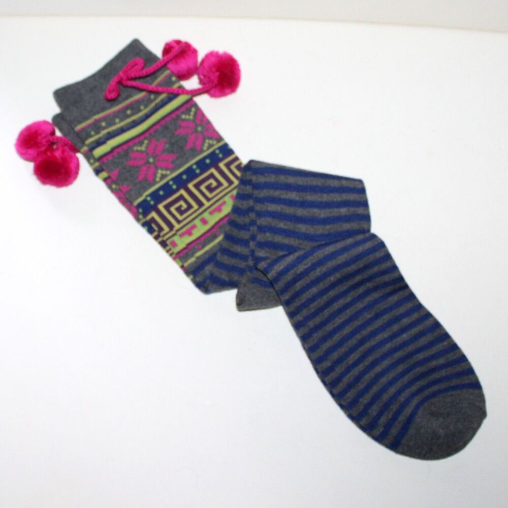 Socks Knee High Fairisle shoe size 4 - 10 S M stripes pink pom pom blue gray